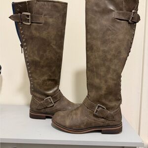 Candie's Brown Over the Knee Boots with Buckle and Stud Detail